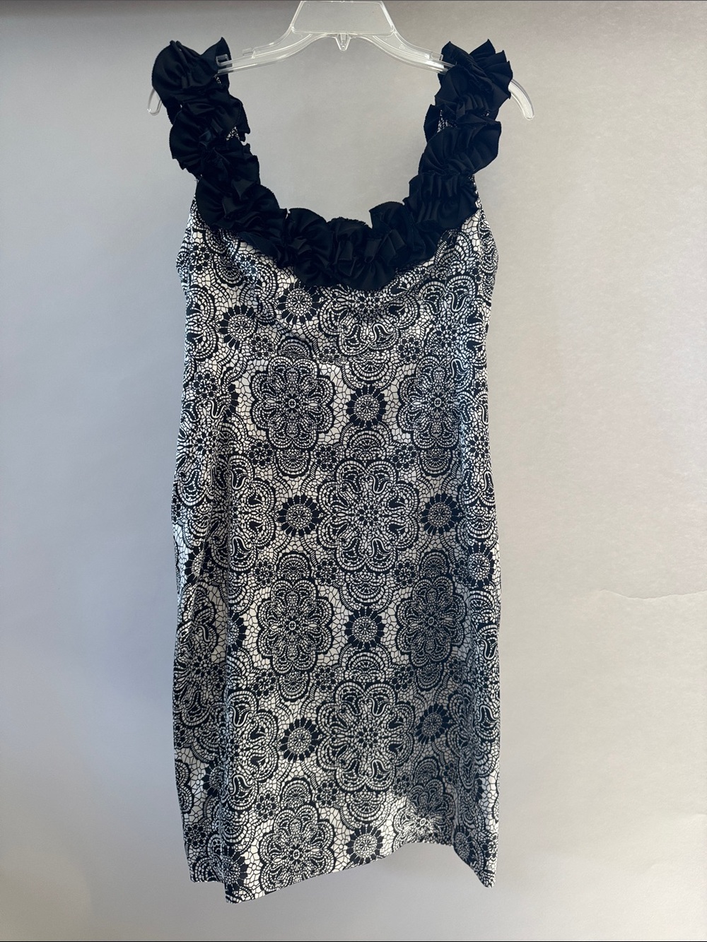 Maggot London Black & White Floral Lace-Print Ruffle-Neck Dress